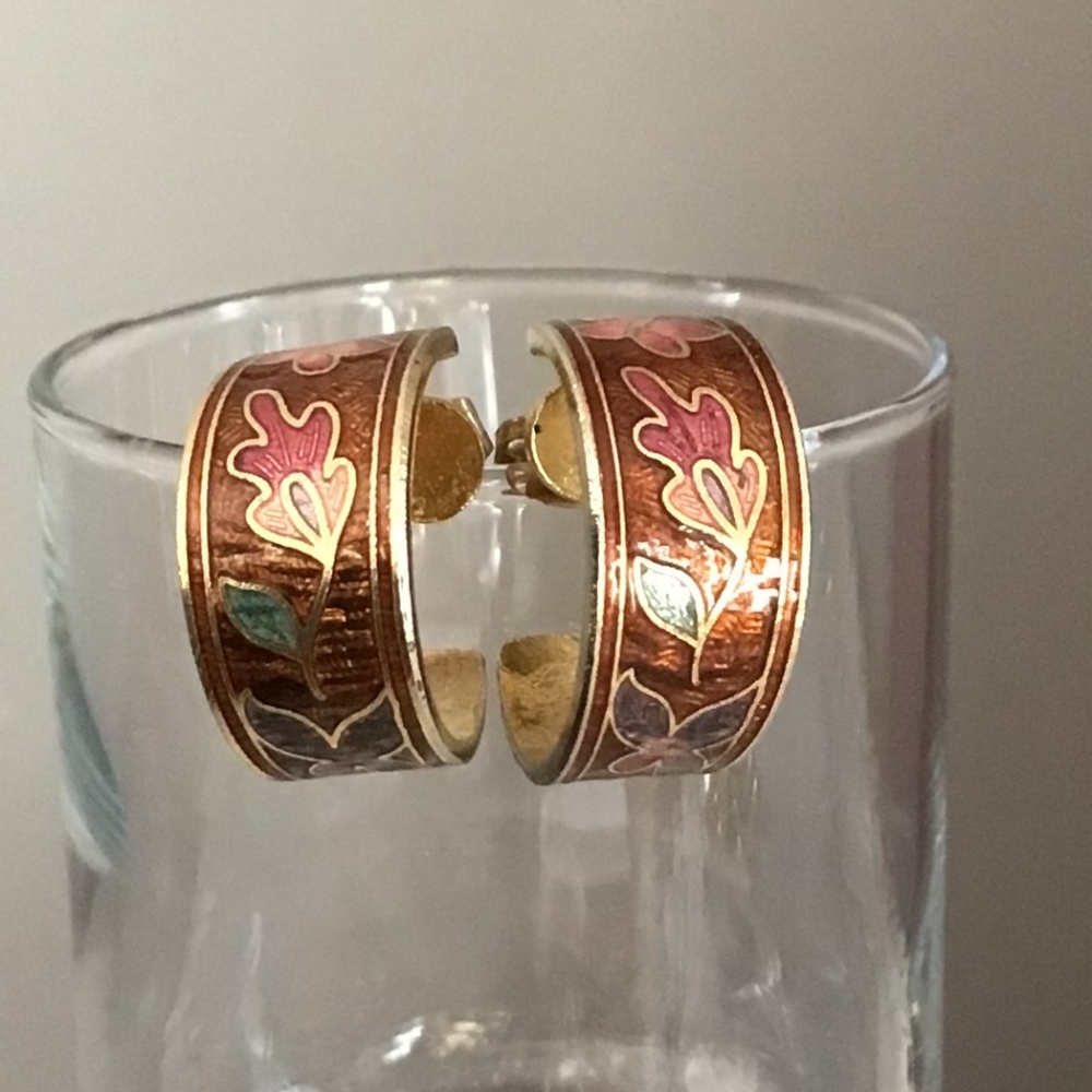 Vintage Cloisonné Enamel Floral Hoop Earrings Gold Tone Boho Retro Autumn - Picture 3 of 10